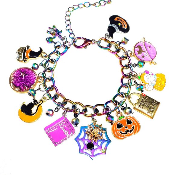 Halloween Charm Bracelet, Pumpkins, Ghost, Spider Webs, Cat, Spell Book - Picture 3 of 10